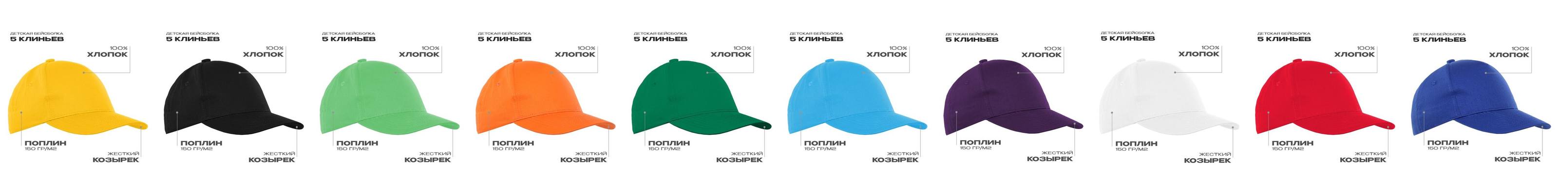 Бейсболка детская STAN 5 клиньев хлопок 150, 10J под DTF-печать с логотипом, 10 цветов