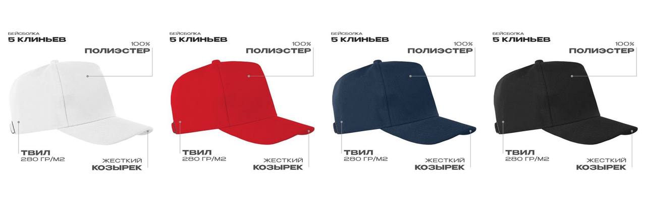 Бейсболка STAN 5 клиньев полиэстер 280, 20 под DTF-печать с логотипом, 4 цветов